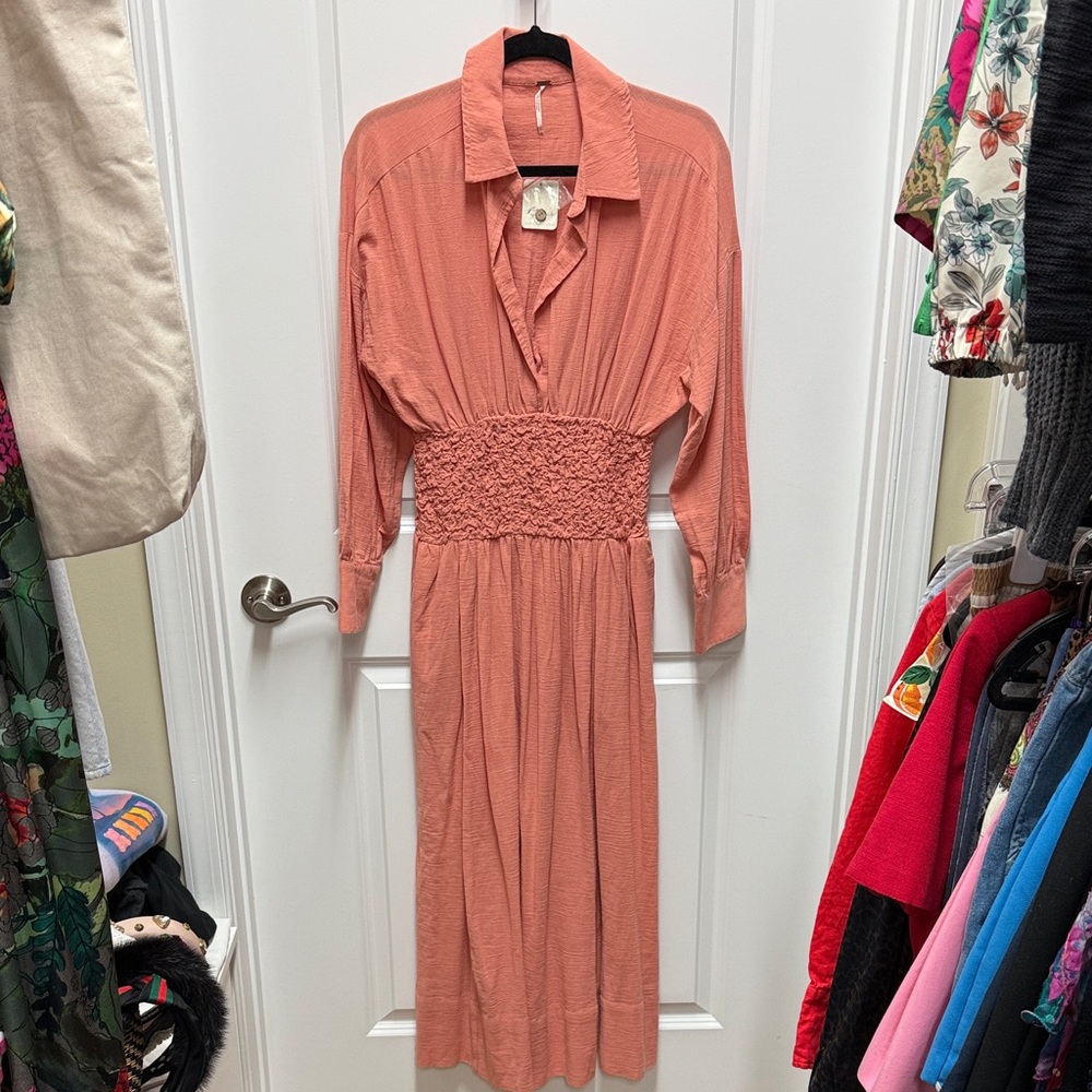 Elegant Coral Shirred Waist Dress